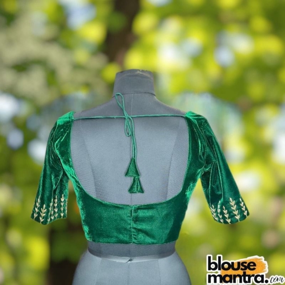 Bottle Green Velvet | Leaf Ari embroidery On sleeve | Front sabyasachi neckline Glass Sleeve