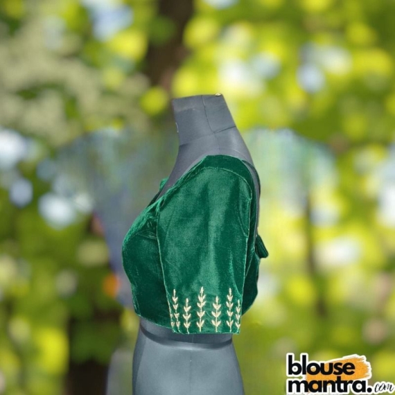 Bottle Green Velvet | Leaf Ari embroidery On sleeve | Front sabyasachi neckline Glass Sleeve