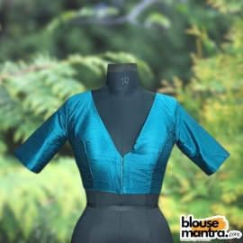 Dark Sea Green Raw Silk | Front V Neck | Back Boat Neck Glass Sleeve