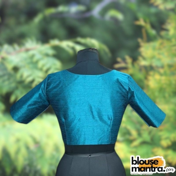 Dark Sea Green Raw Silk | Front V Neck | Back Boat Neck Glass Sleeve