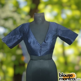 Navy Raw Silk | Front V Neck | Back Boat Neck Glass Sleeve