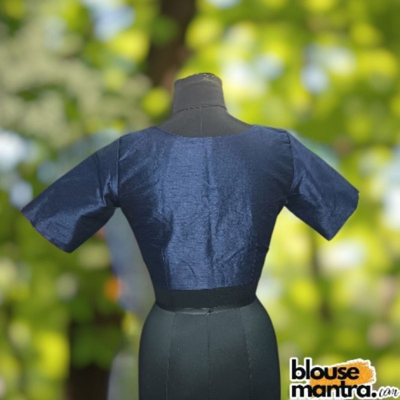 Navy Raw Silk | Front V Neck | Back Boat Neck Glass Sleeve