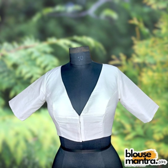  White Raw Cotton | Front V Neck | Back Boat Neck Glass Sleeve Raw Silk | Front V Neck | Back Boat Neck Glass Sleeve