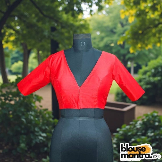 Red Raw Cotton | Front V Neck | Back Boat Neck Glass Sleeve Raw Silk | Front V Neck | Back Boat Neck Glass Sleeve
