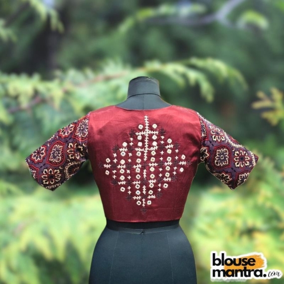 Deep Rust Modal On Body | Slate Ajrakh Modal On Sleeve | Boat Neck | Gujarati Mirror Work Glass Sleeve