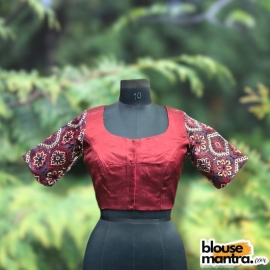 Deep Rust Modal On Body | Slate Ajrakh Modal On Sleeve | Boat Neck | Gujarati Mirror Work Glass Sleeve