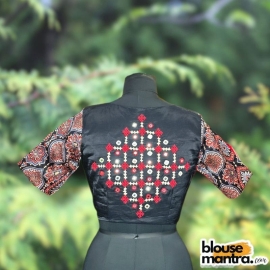 Black Modal On Body | Black Ajrakh Modal On Sleeve | Boat Neck | Gujarati Mirror Work Glass Sleeve