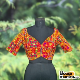  Red Rajasthani Stitch fabric | Front Dome Neck | Back Round Neck Glass Sleeve