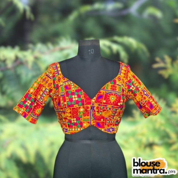  Red Rajasthani Stitch fabric | Front Dome Neck | Back Round Neck Glass Sleeve