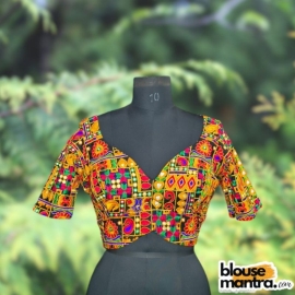 Black Rajasthani Stitch fabric | Front Dome Neck | Back Round Neck Glass Sleeve