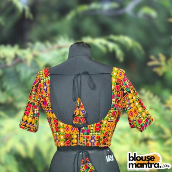 Black Rajasthani Stitch fabric | Front Dome Neck | Back Round Neck Glass Sleeve