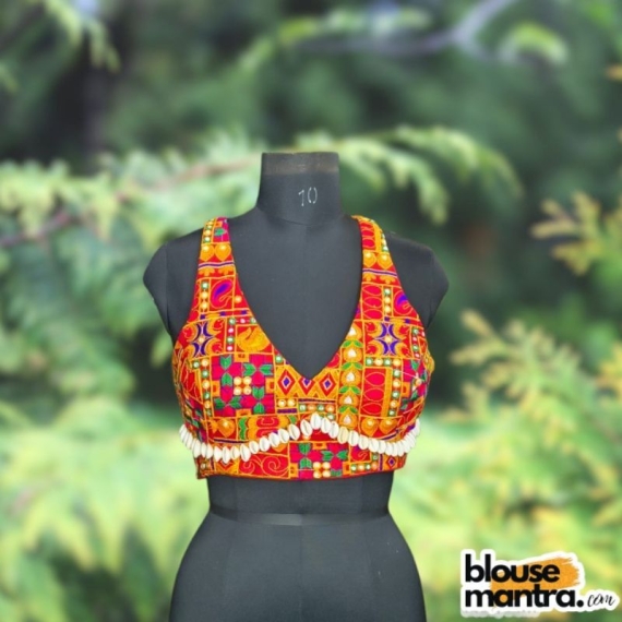 Red Rajasthani Stitch fabric | Front Celeb Cut | Back Cover | White Shell Attached Sleeveless