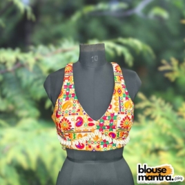 White Rajasthani Stitch fabric | Front Celeb Cut | Back Cover | White Shell Attached Sleeveless