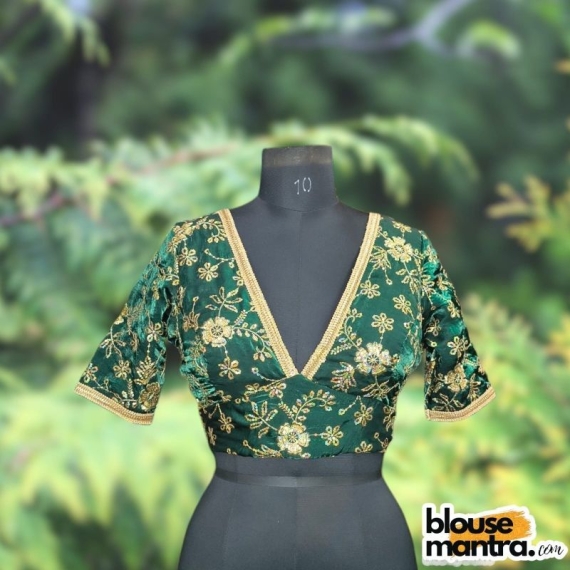 Bottle Green Siilk with Sequince Fabric | Front V Neck | Back Boat Neck | Lace Attached Glass Sleeve