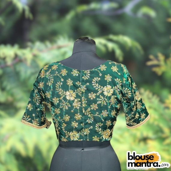 Bottle Green Siilk with Sequince Fabric | Front V Neck | Back Boat Neck | Lace Attached Glass Sleeve