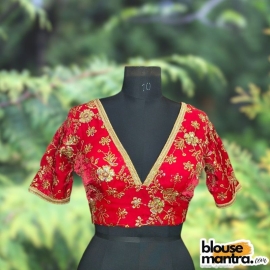 Red Siilk with Sequince Fabric | Front V Neck | Back Boat Neck | Lace Attached Glass Sleeve