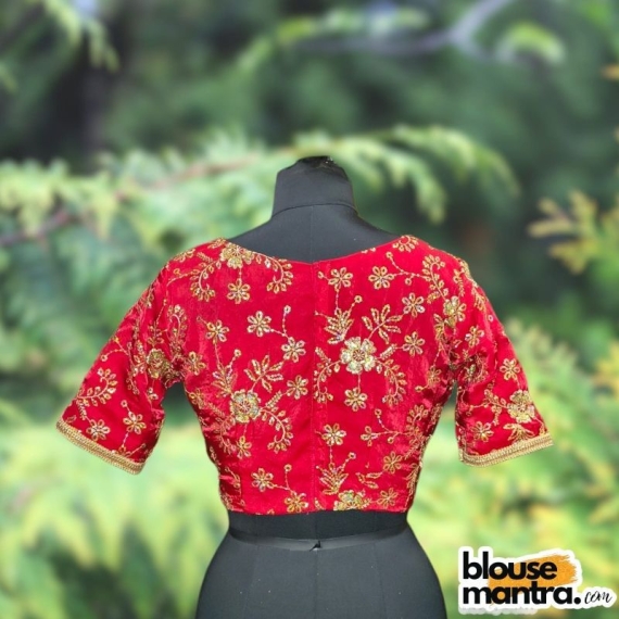 Red Siilk with Sequince Fabric | Front V Neck | Back Boat Neck | Lace Attached Glass Sleeve