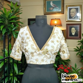 White Siilk with Sequince Fabric | Front V Neck | Back Boat Neck | Lace Attached Glass Sleeve