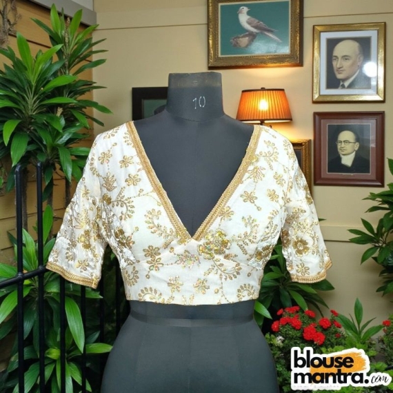 White Siilk with Sequince Fabric | Front V Neck | Back Boat Neck | Lace Attached Glass Sleeve