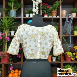 White Siilk with Sequince Fabric | Front V Neck | Back Boat Neck | Lace Attached Glass Sleeve