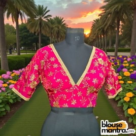 Pink  Siilk with Sequince Fabric | Front V Neck | Back Boat Neck | Lace Attached Glass Sleeve