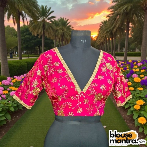 Pink  Siilk with Sequince Fabric | Front V Neck | Back Boat Neck | Lace Attached Glass Sleeve