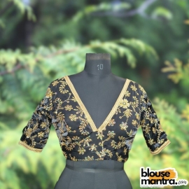 Black Siilk with Sequince Fabric | Front V Neck | Back Boat Neck | Lace Attached Glass Sleeve