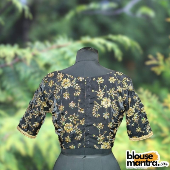 Black Siilk with Sequince Fabric | Front V Neck | Back Boat Neck | Lace Attached Glass Sleeve