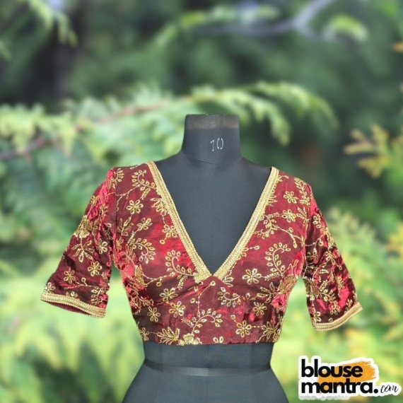 Maroon Siilk with Sequince Fabric | Front V Neck | Back Boat Neck | Lace Attached Glass Sleeve