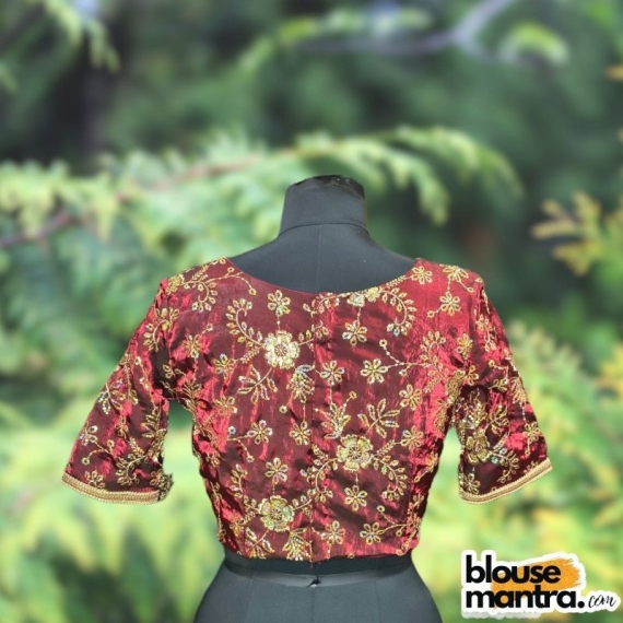 Maroon Siilk with Sequince Fabric | Front V Neck | Back Boat Neck | Lace Attached Glass Sleeve