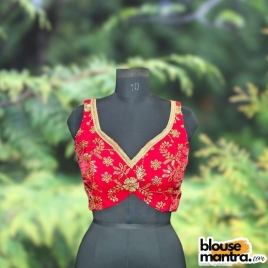 Red Siilk with Sequince Fabric | Front Dome Neck | Back Cut | Lace Attached Sleeveless