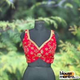 Red Siilk with Sequince Fabric | Front Dome Neck | Back Cut | Lace Attached Sleeveless