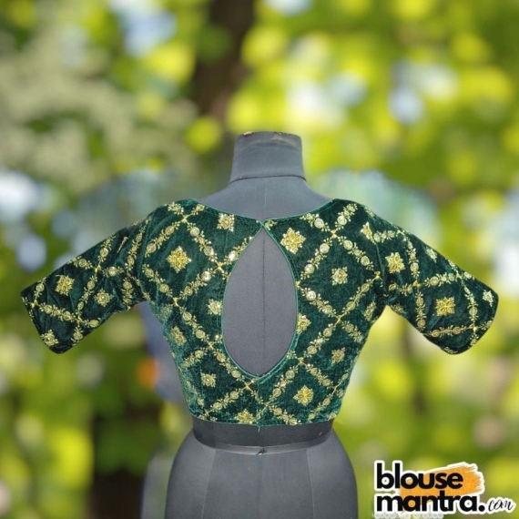 BottleGreen Velvet Sequence Work | Front Celeb Cut | Back Oval Cut Glass Sleeve