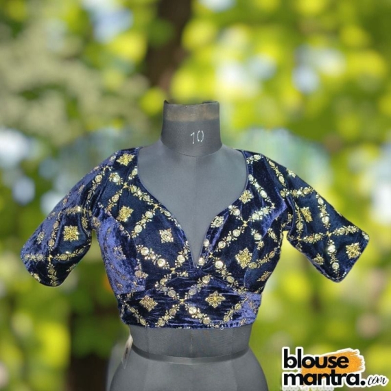 Navy Velvet Sequence Work | Front Celeb Cut | Back Oval Cut Glass Sleeve