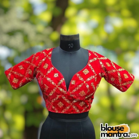 Red Velvet Sequence Work | Front Celeb Cut | Back Oval Cut Glass Sleeve