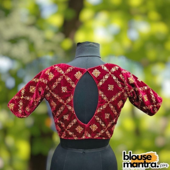 Maroon Velvet Sequence Work | Front Celeb Cut | Back Oval Cut Glass Sleeve