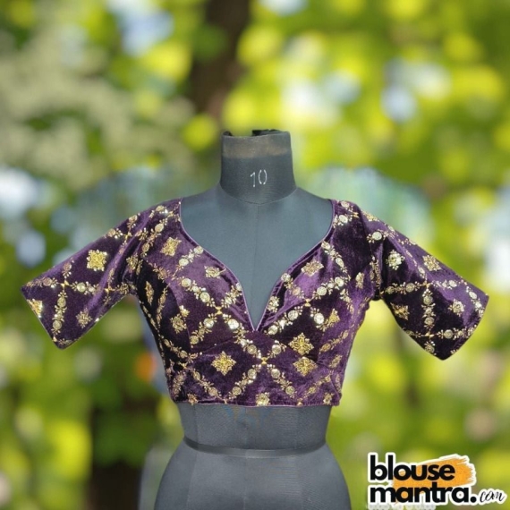 Wine Velvet Sequence Work | Front Celeb Cut | Back Oval Cut Glass Sleeve