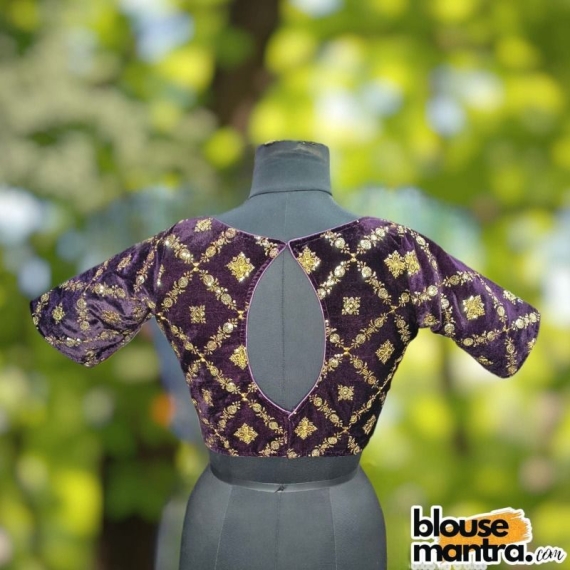 Wine Velvet Sequence Work | Front Celeb Cut | Back Oval Cut Glass Sleeve