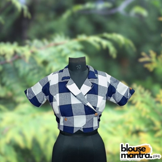 White & Navy Woolen fabric | Blazer Coller With Buttons Glass Sleeve