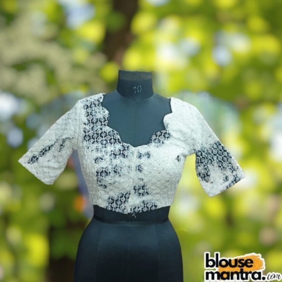  White & Black Lukhnow Chikankari | All over wave | Back Cut Glass Sleeve