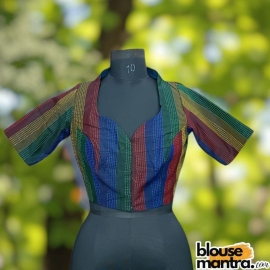 Blue Kantha Stich Fabric |art Silk | Airhostress Neck Glass Sleeve