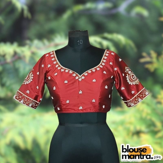 Maroon Samu | White Moti Ari embroidery Glass Sleeve