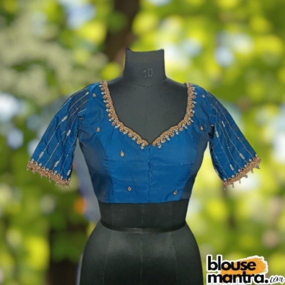 Firoza Blue Prothoma Silk | Stripe Moti On Sleeve Glass Sleeve