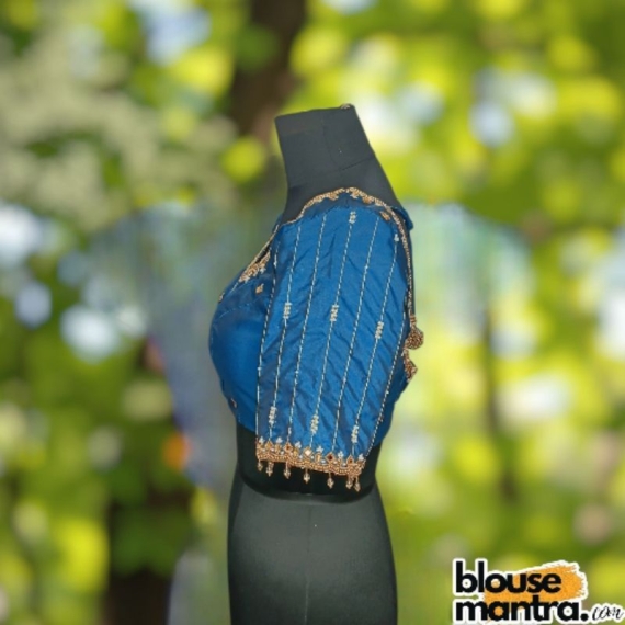 Firoza Blue Prothoma Silk | Stripe Moti On Sleeve Glass Sleeve