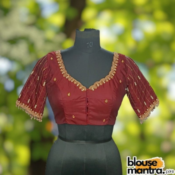 Blackish Maroon Prothoma Silk | Stripe Moti On Sleeve Glass Sleeve