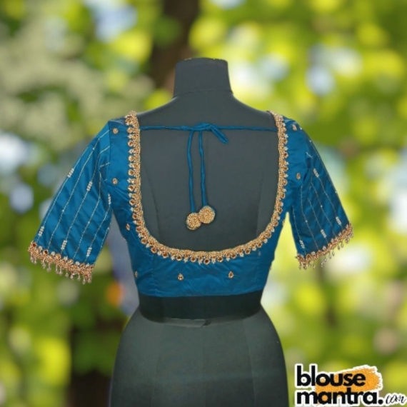 Lite Firoza Blue Prothoma Silk | Stripe Moti On Sleeve Glass Sleeve