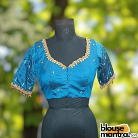 Bluish Green Prothoma Silk | Stripe Moti On Sleeve Glass Sleeve