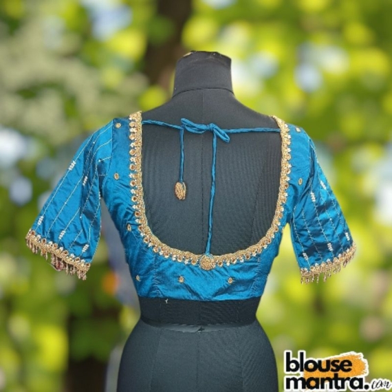 Bluish Green Prothoma Silk | Stripe Moti On Sleeve Glass Sleeve