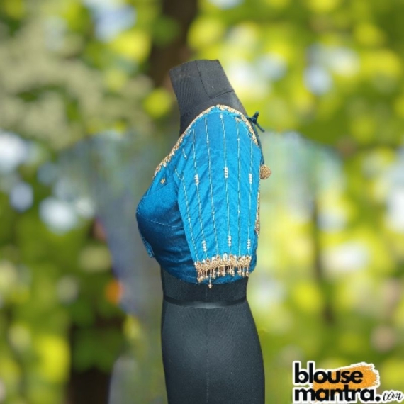 Bluish Green Prothoma Silk | Stripe Moti On Sleeve Glass Sleeve