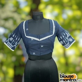  Navy Blue Jamdani |Block Weaving | Square Coller | Lace Attached Glass Sleeve